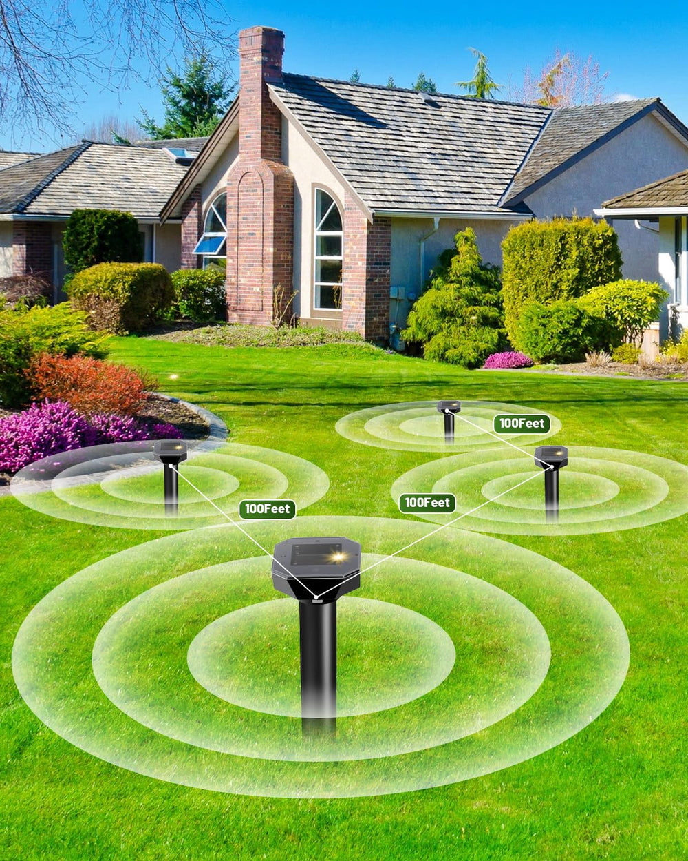 Group of AZQPOD Pest Repellents set up in garden