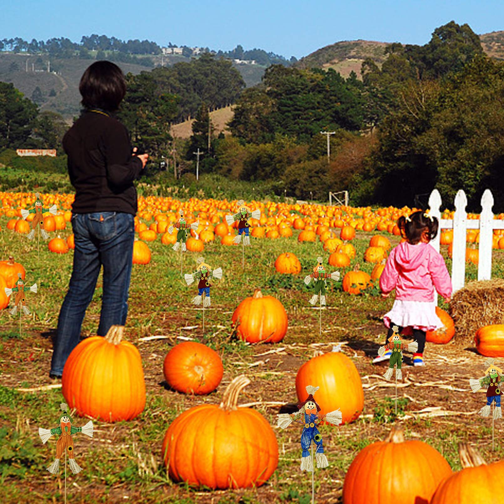 Group of EBaokuup 12-inch scarecrows on a porch during autumn