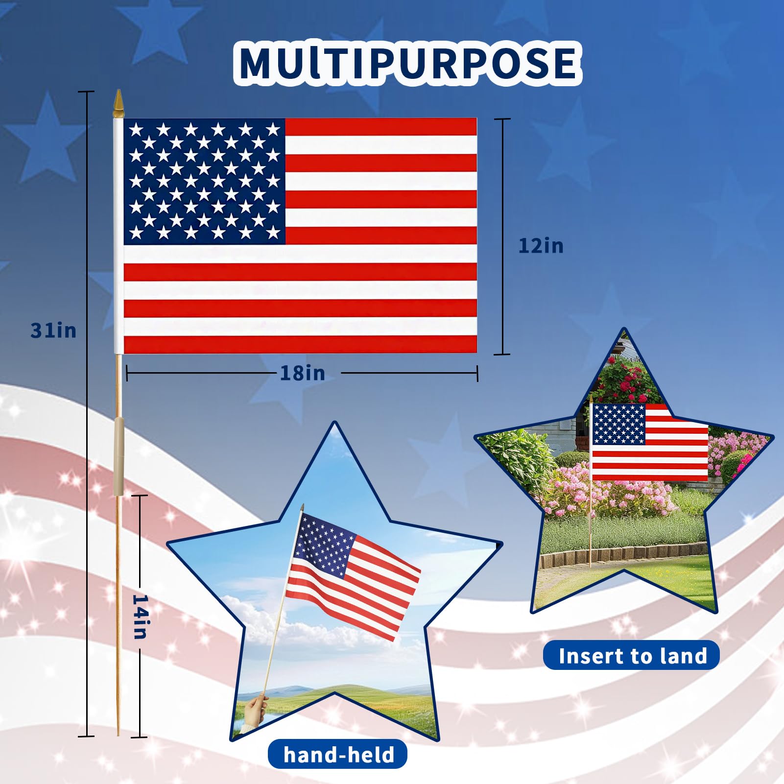 Group of FLAGMESAGE American flags on stick displayed outdoors