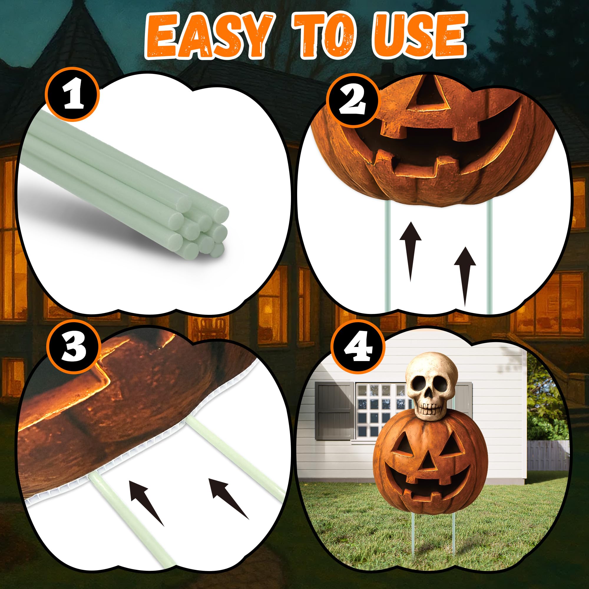 Group of Halloween yard signs set up in a garden