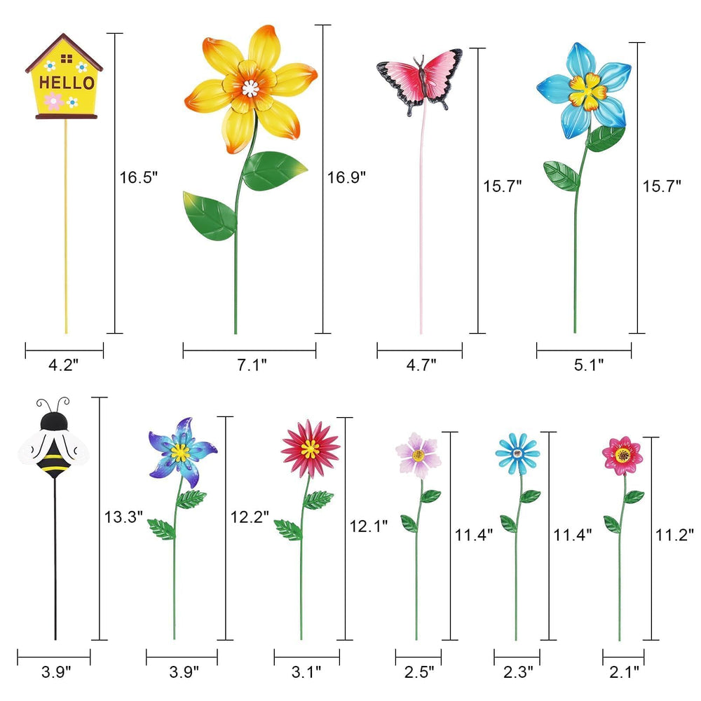 group of hogardeck decorative garden stakes in a flower bed