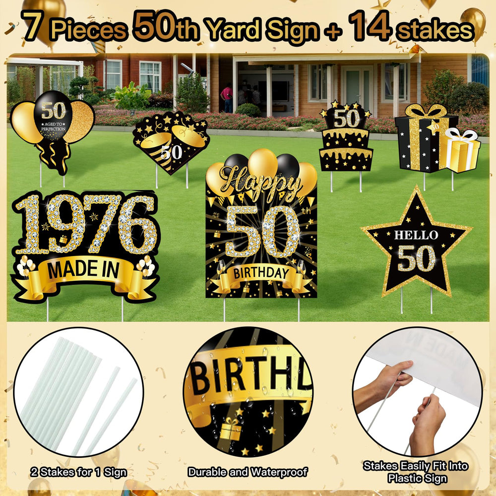 Group of MOORAY birthday yard signs in a festive lawn