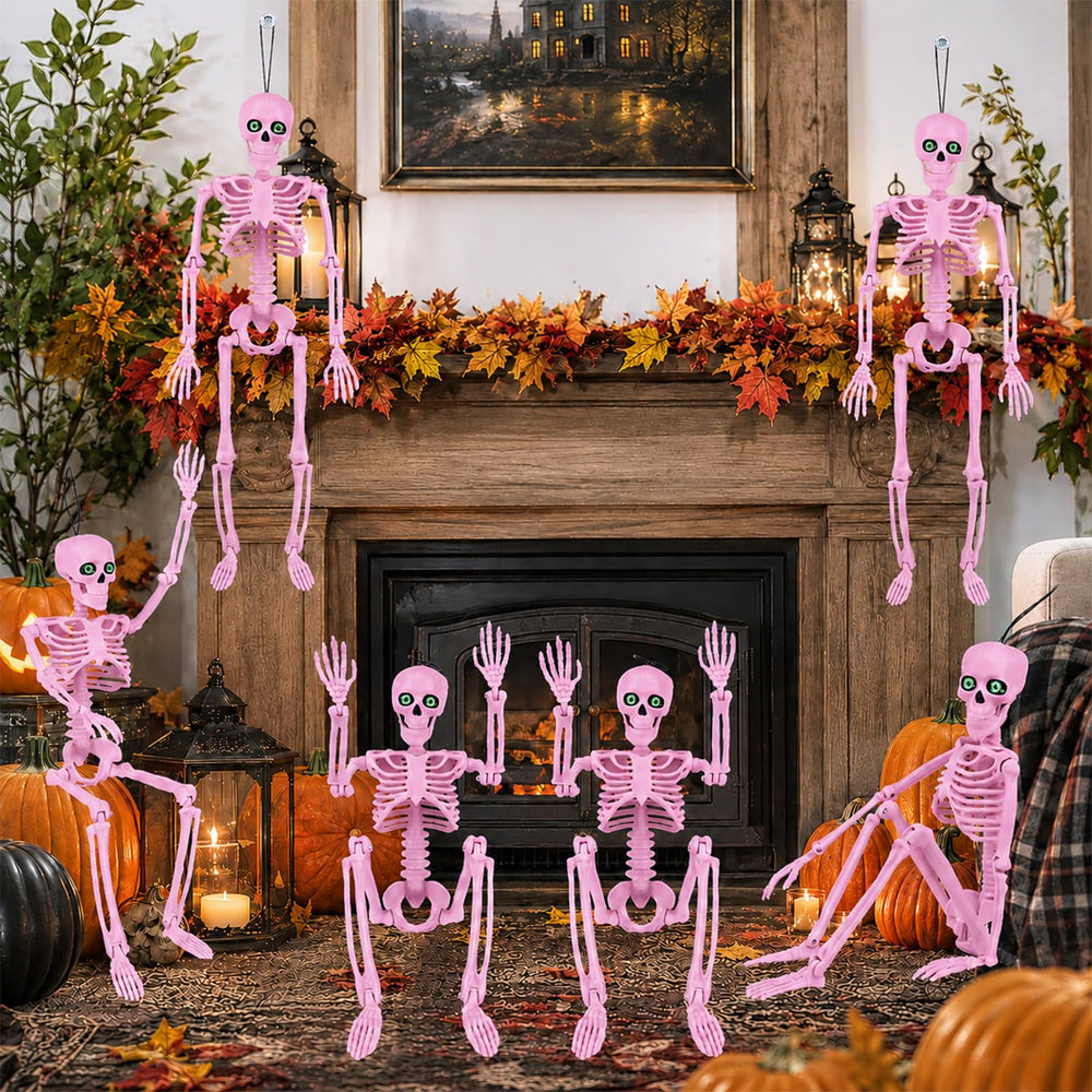 Group of pink skeletons arranged in different poses