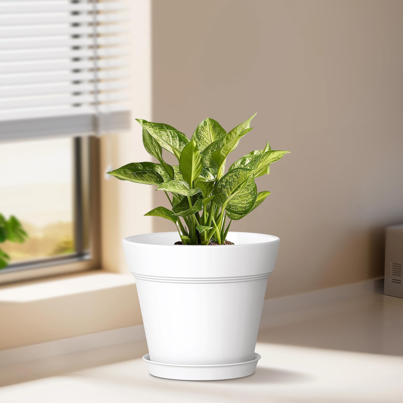Group of WSMKSZ 5 Inch Plastic Plant Pots, white color