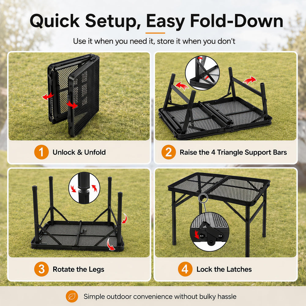 Grovind Folding Grill Table, back view with storage bag beside it