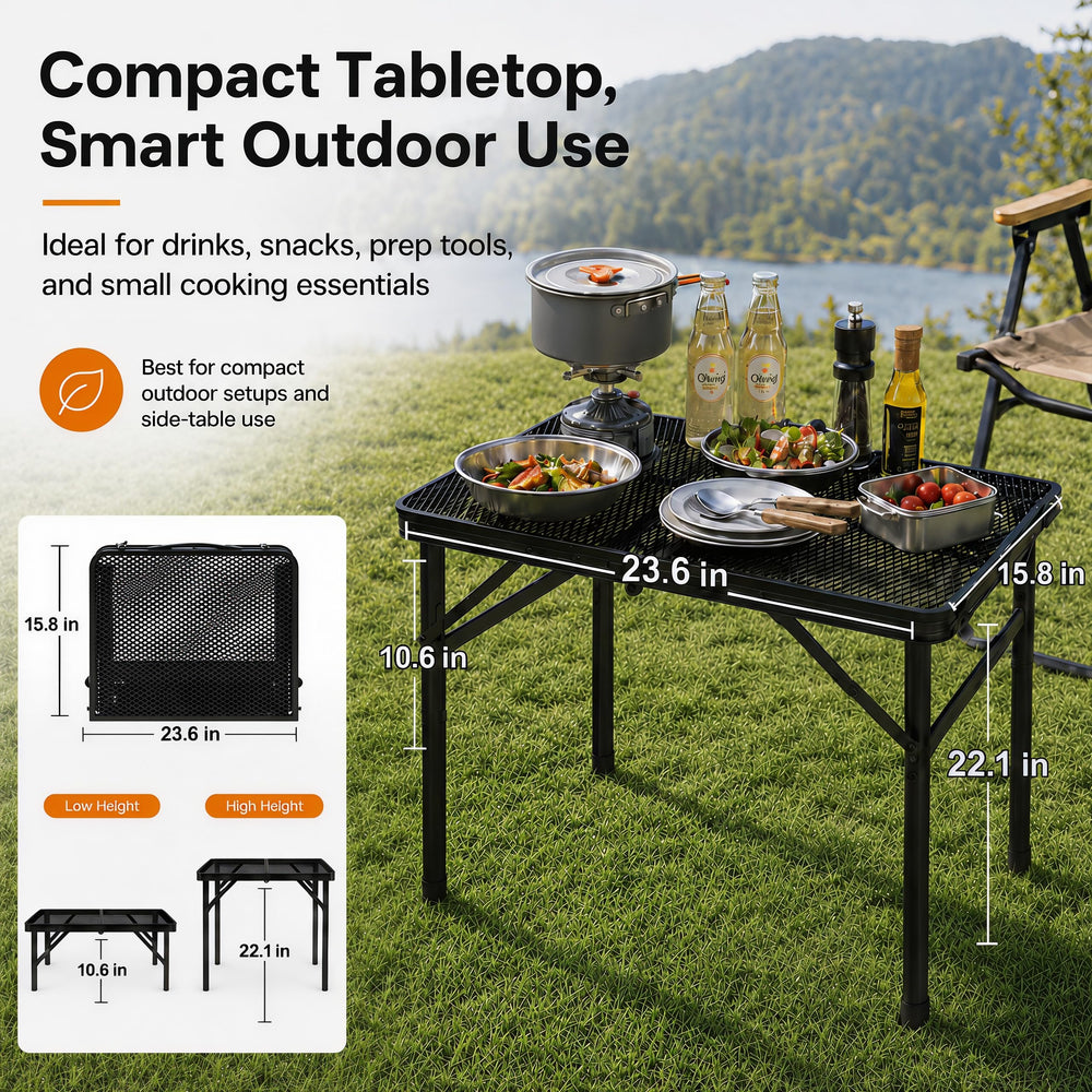 Grovind Folding Grill Table set up with barbecue grill