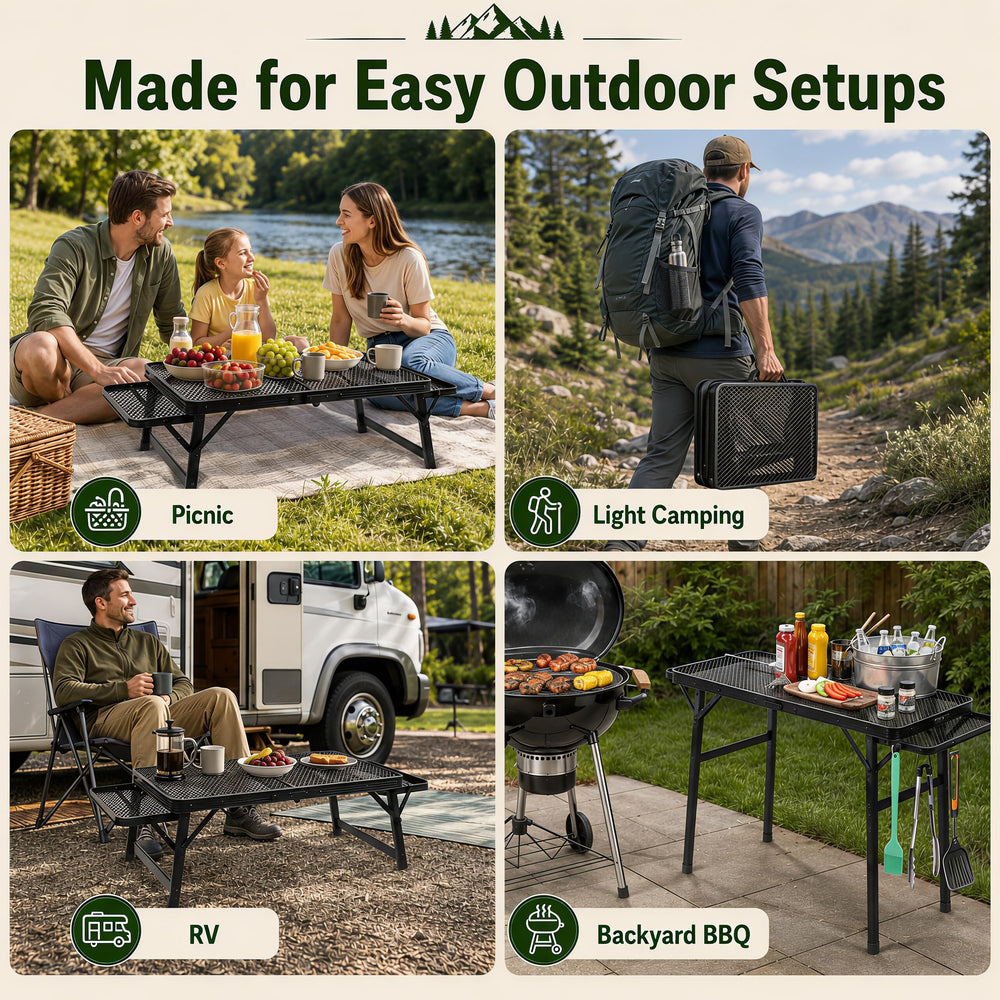 Grovind Picnic Table displayed in a camping setting