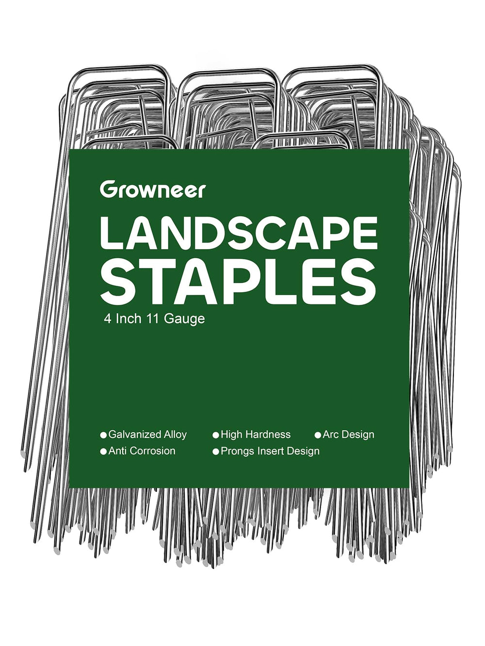 GROWNEER 4 Inch Landscape Staples 100 pack showing galvanized steel construction
