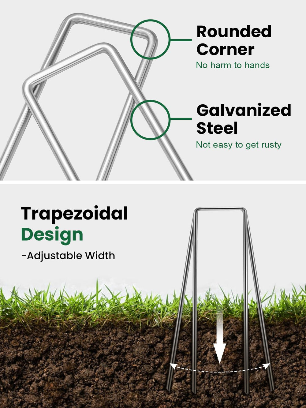 GROWNEER landscape staples in soil securing landscape fabric