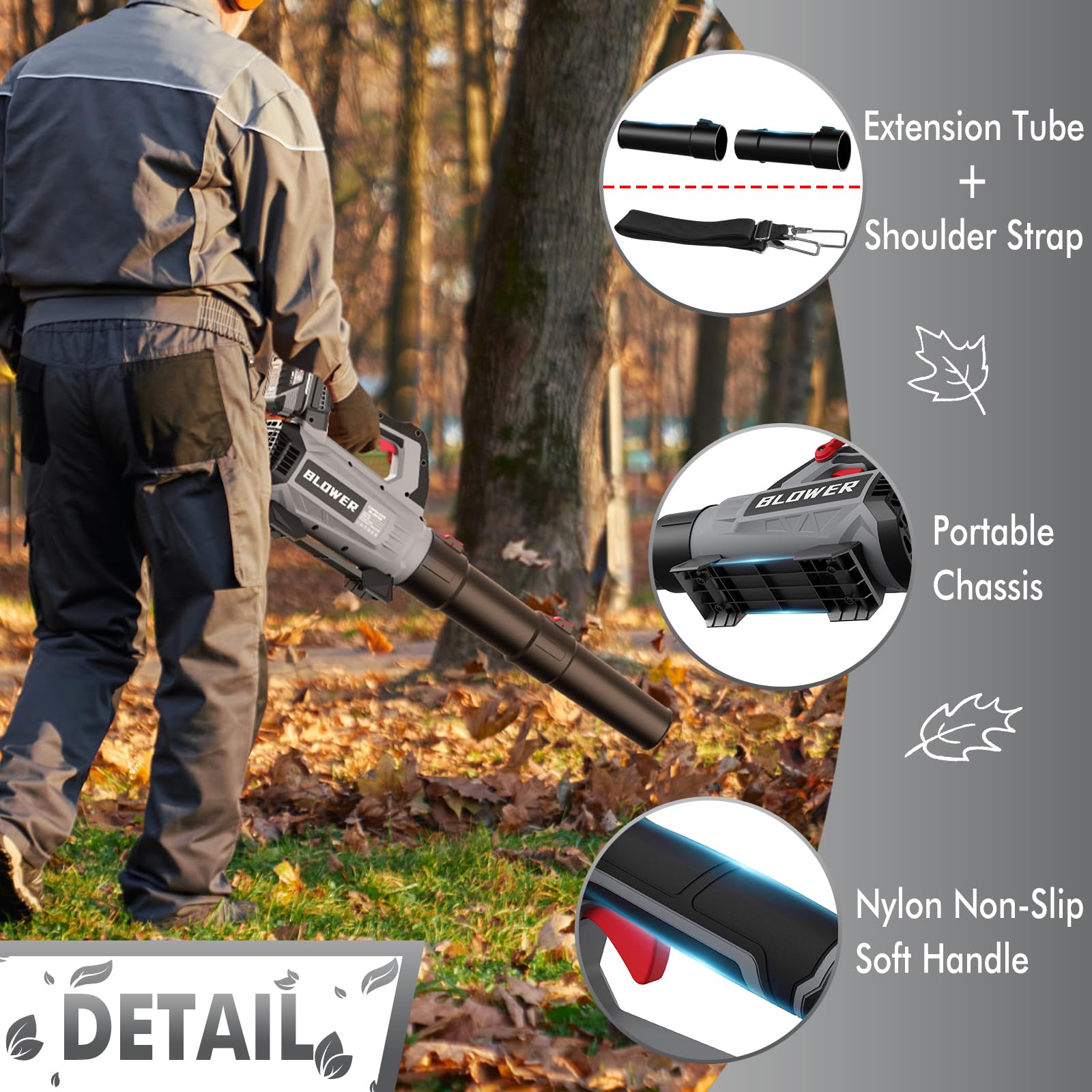 GROWORT cordless leaf blower back view with power indicator light
