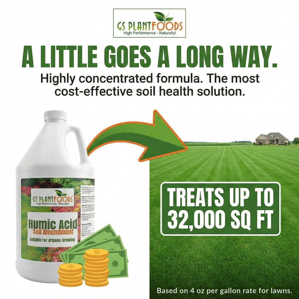 GS Plant Foods Humic Acid Soil Amendment bottle with measurement markings