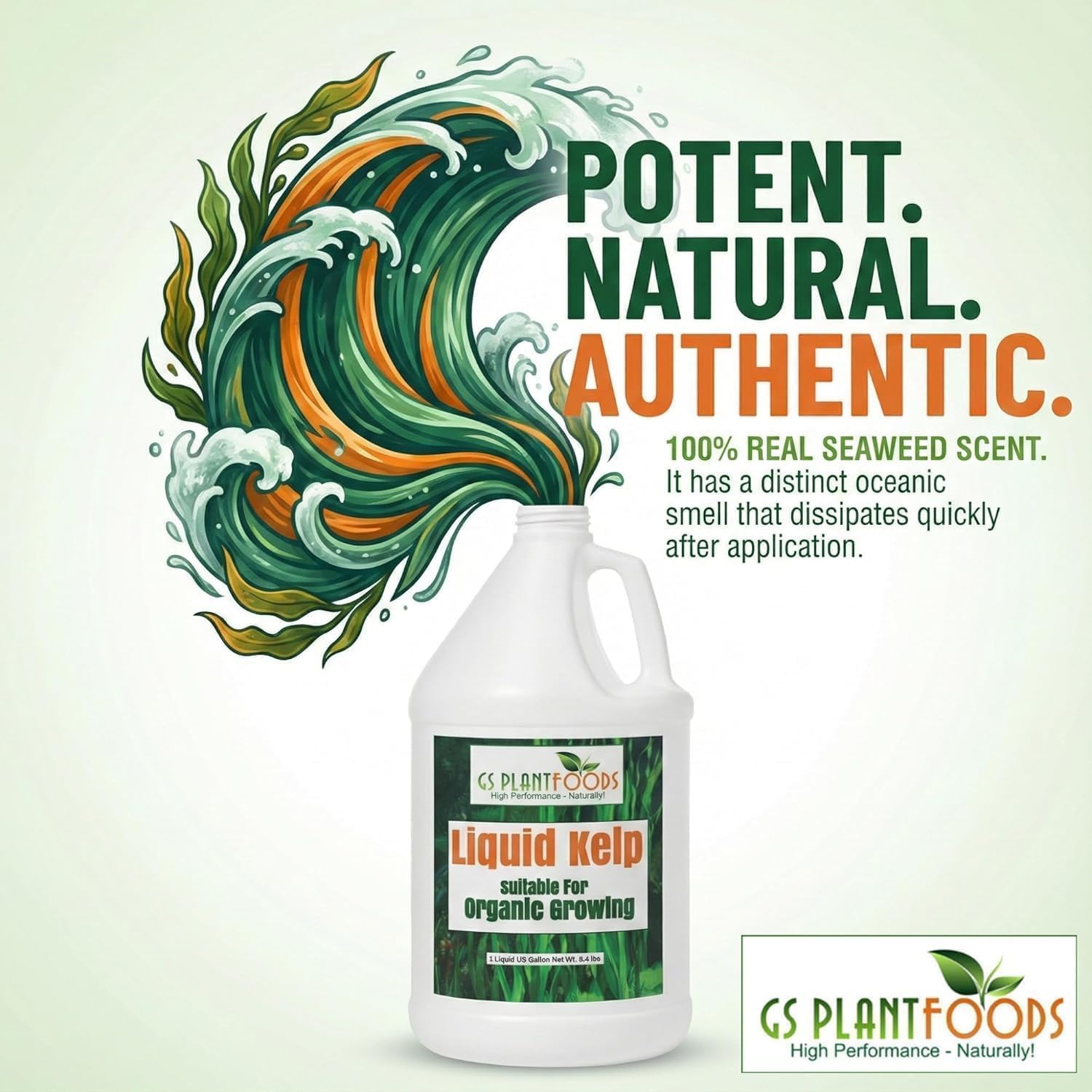 GS Plant Foods Liquid Kelp Fertilizer with plants in background