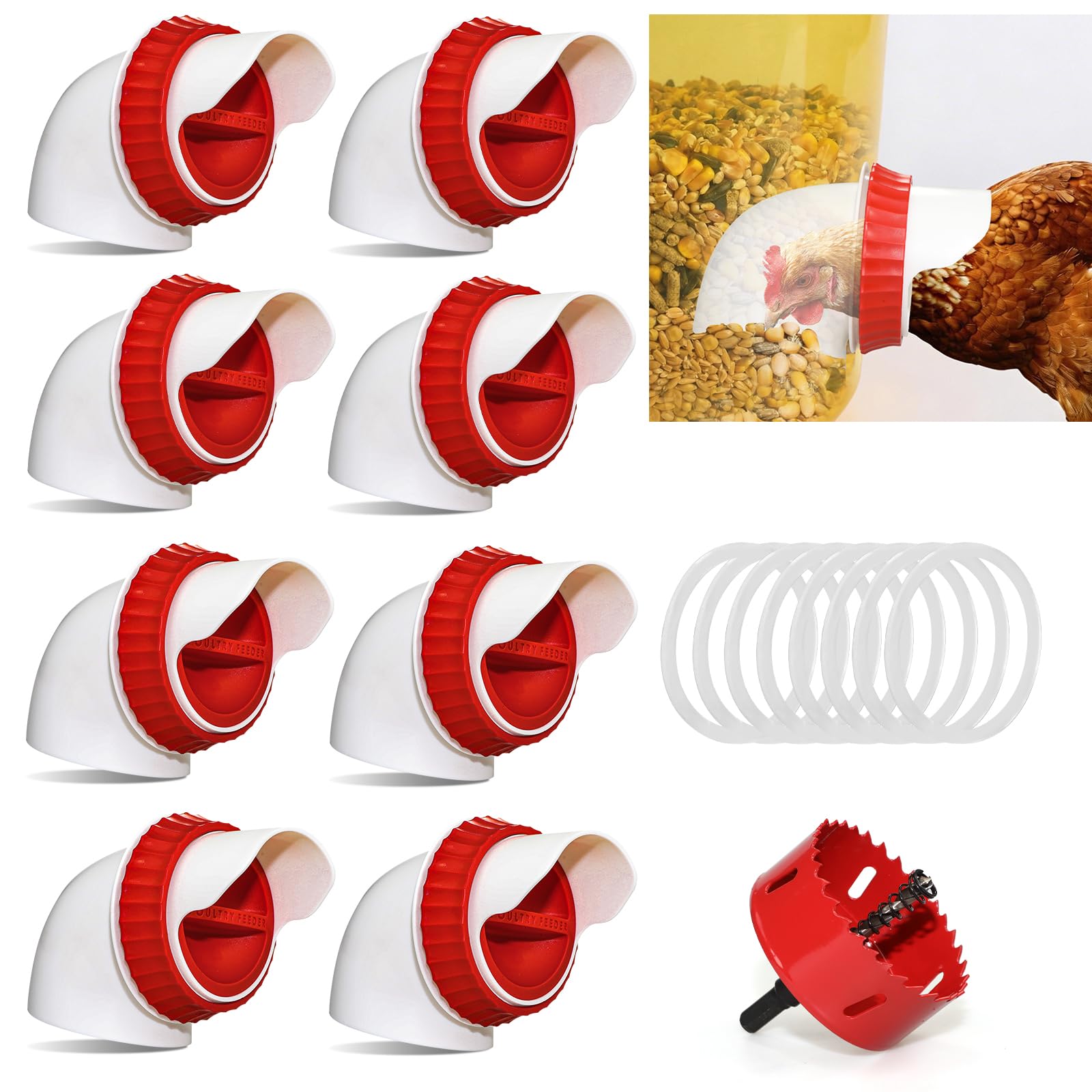 GSHWXD 8-Pack No Waste Chicken Feeder Ports front view