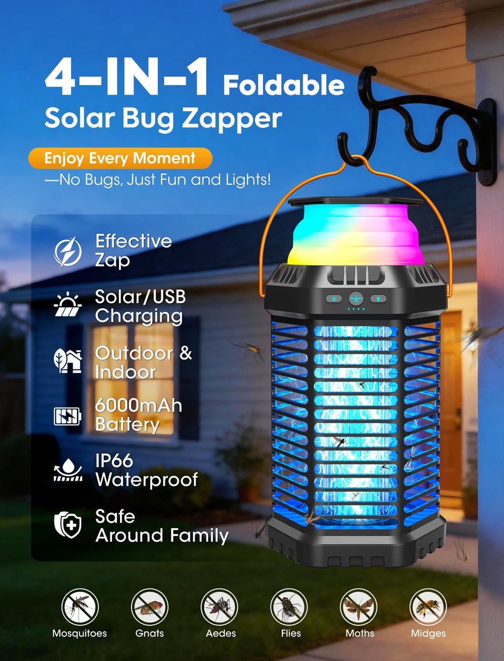 GTERT Foldable Solar Bug Zapper showing the 4500V electric grid