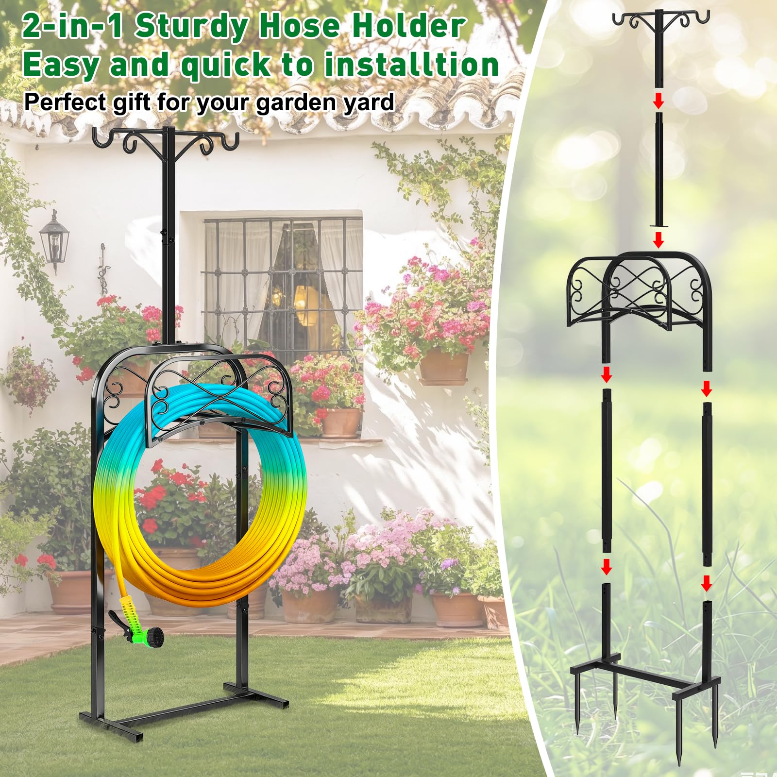 Gtongoko Garden Hose Holder displaying the height with plants