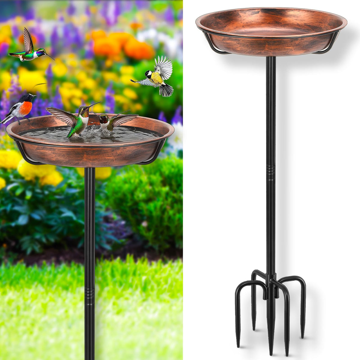 Gtongoko Metal Bird Bath 34" tall front view with copper finish