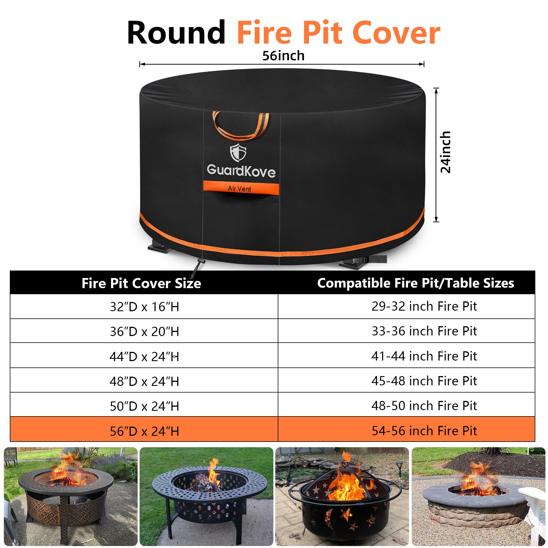 GuardKove fire pit cover showing adjustable drawstring and buckle straps