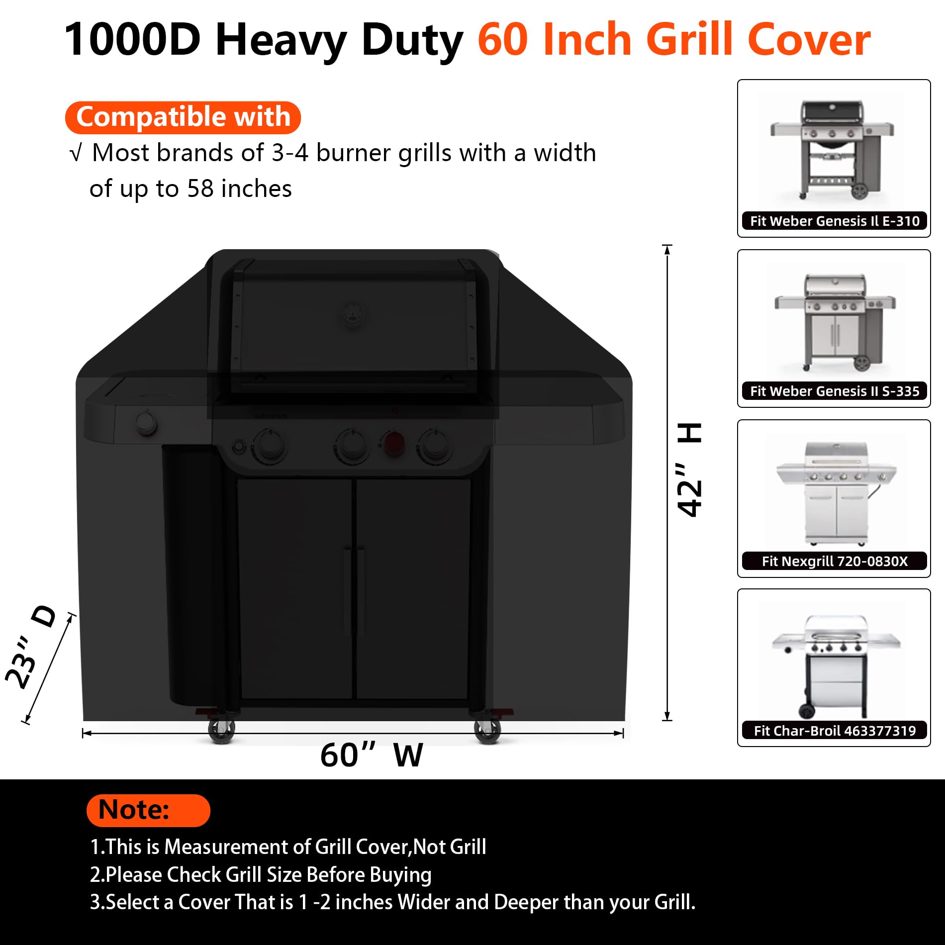 GuardKove grill cover showing dimensions and fit on grill