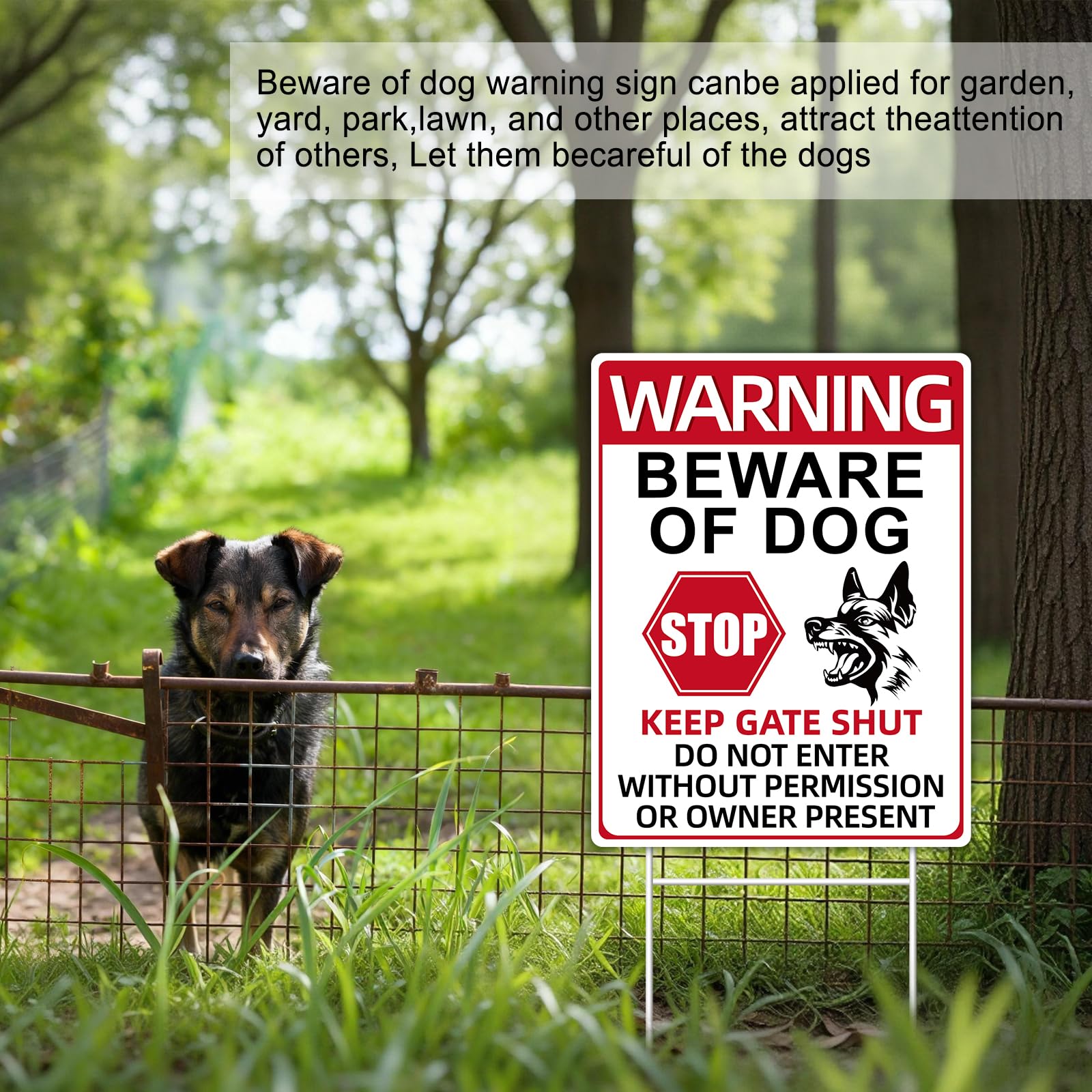 GXGGUS Beware of Dog Sign installed on a fence