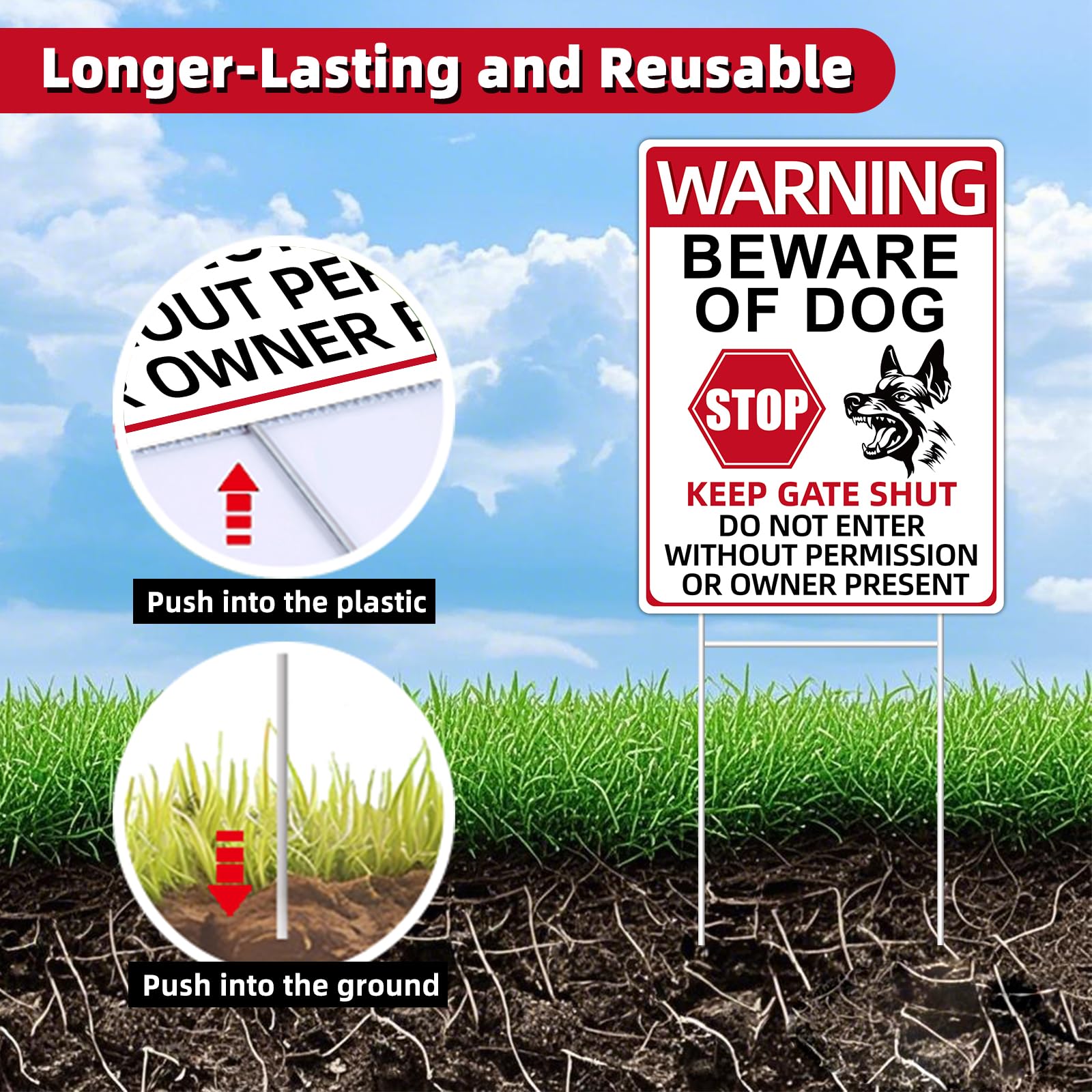 GXGGUS Beware of Dog Sign showing installation options with adhesive strips