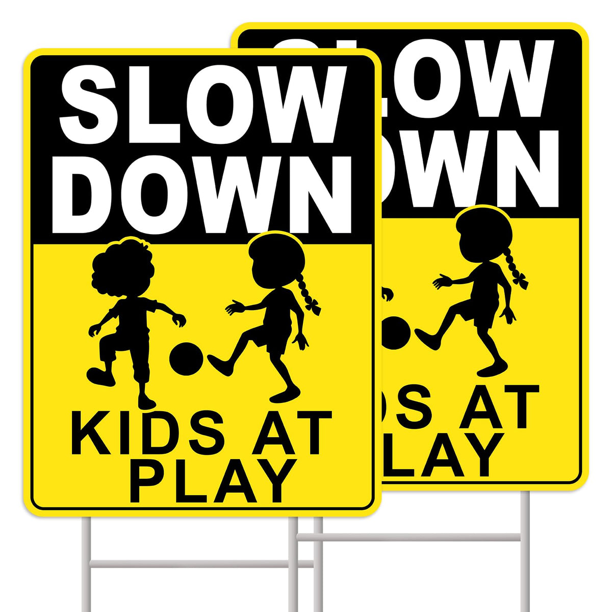GXGGUS Slow Down Kids At Play Sign front view on a bright yellow background