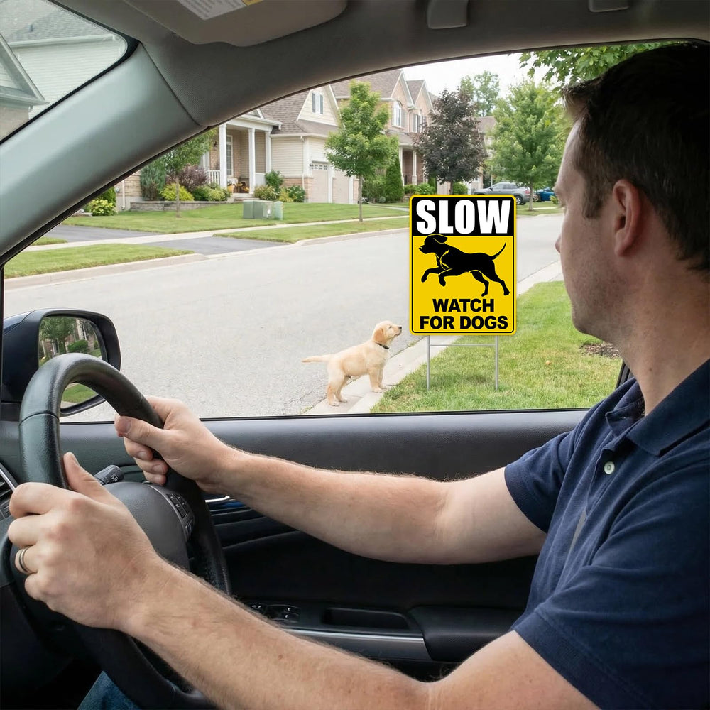 GXGGUS Slow Watch for Dogs sign in a neighborhood