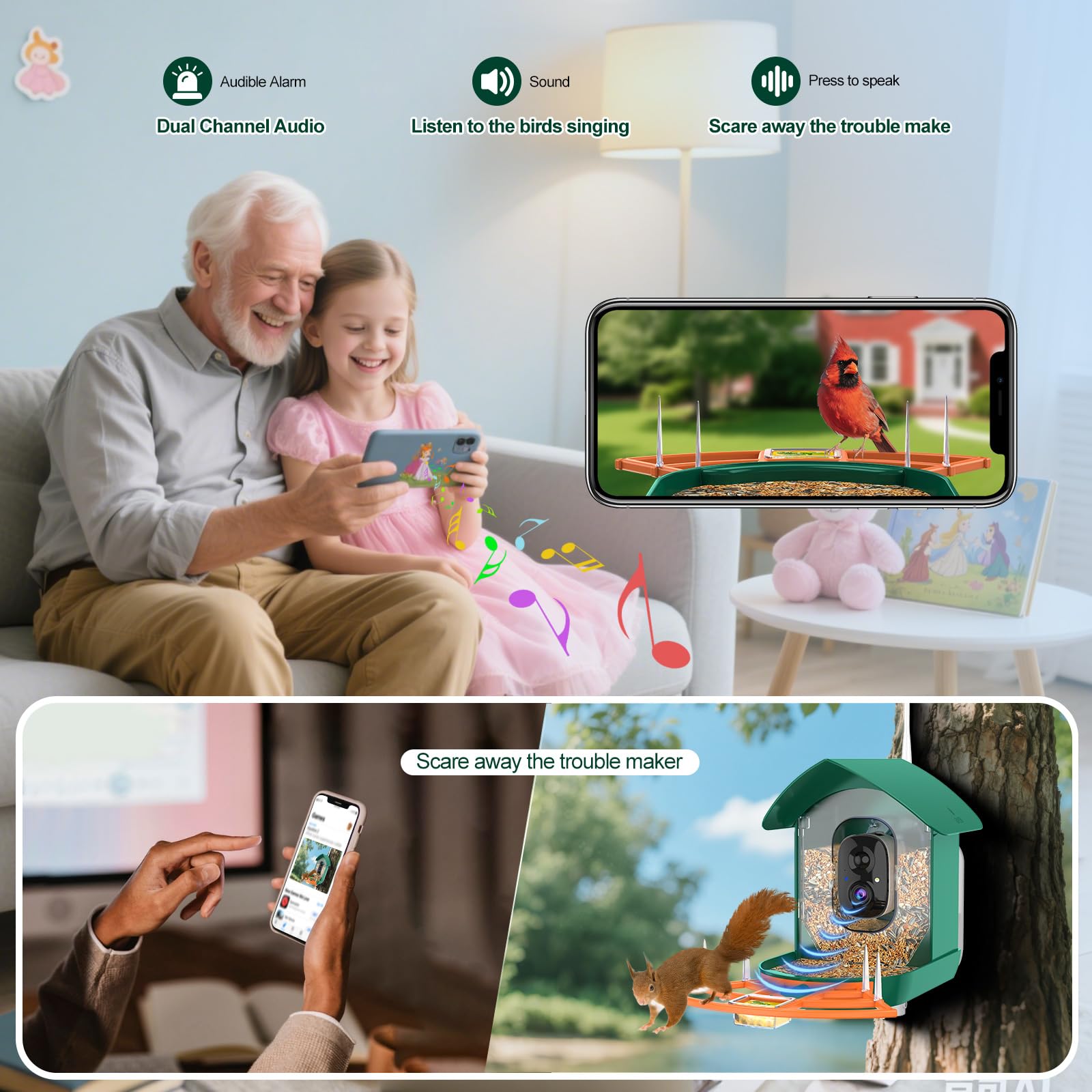 Gyozol Bird Feeder with camera and bird watching scene