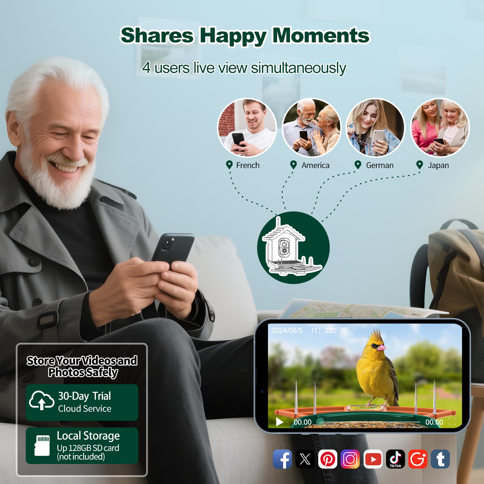 Gyozol Bird Feeder with microphone feature highlighted