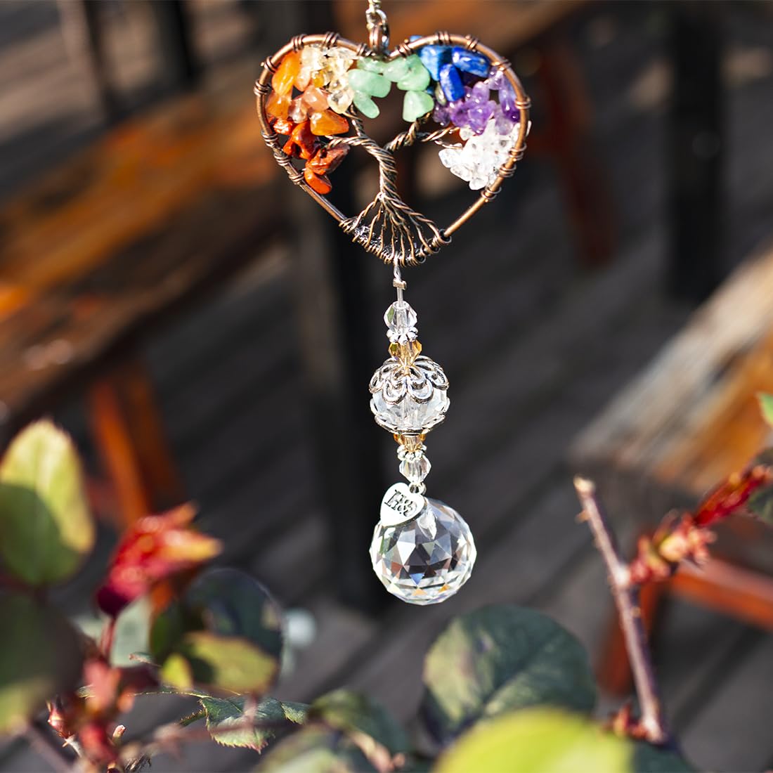 H&D Tree of Life Heart Crystal Ball Suncatcher with colorful stones