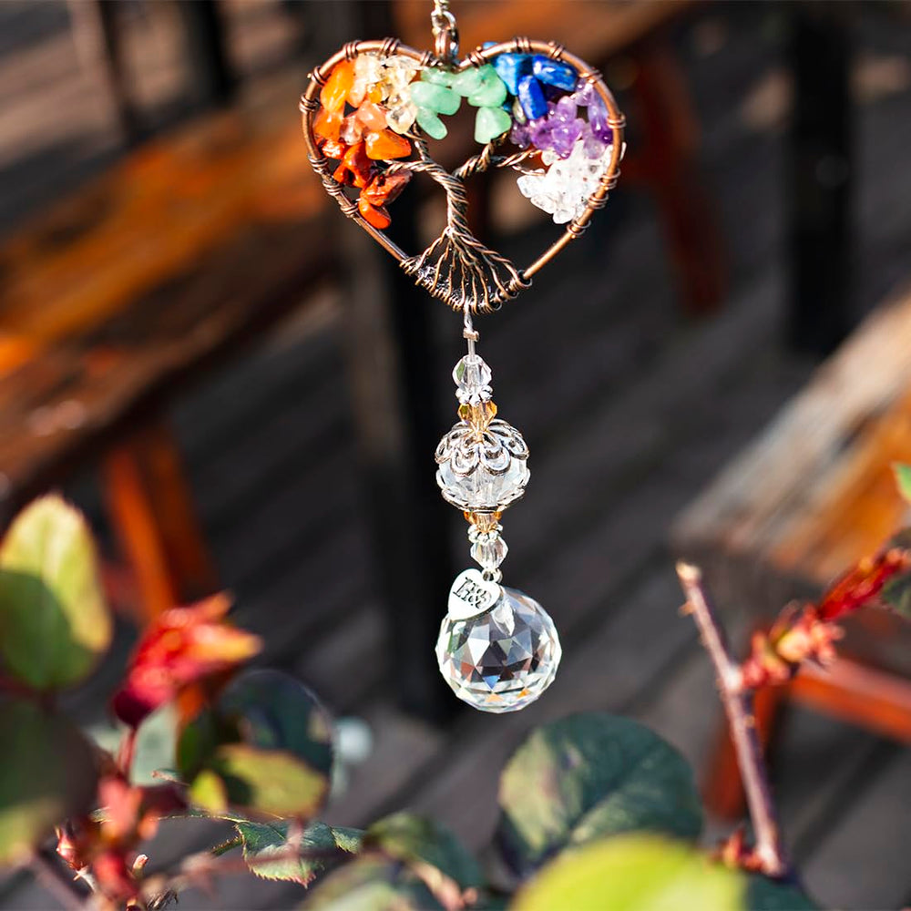 H&D Tree of Life Heart Crystal Ball Suncatcher with colorful stones