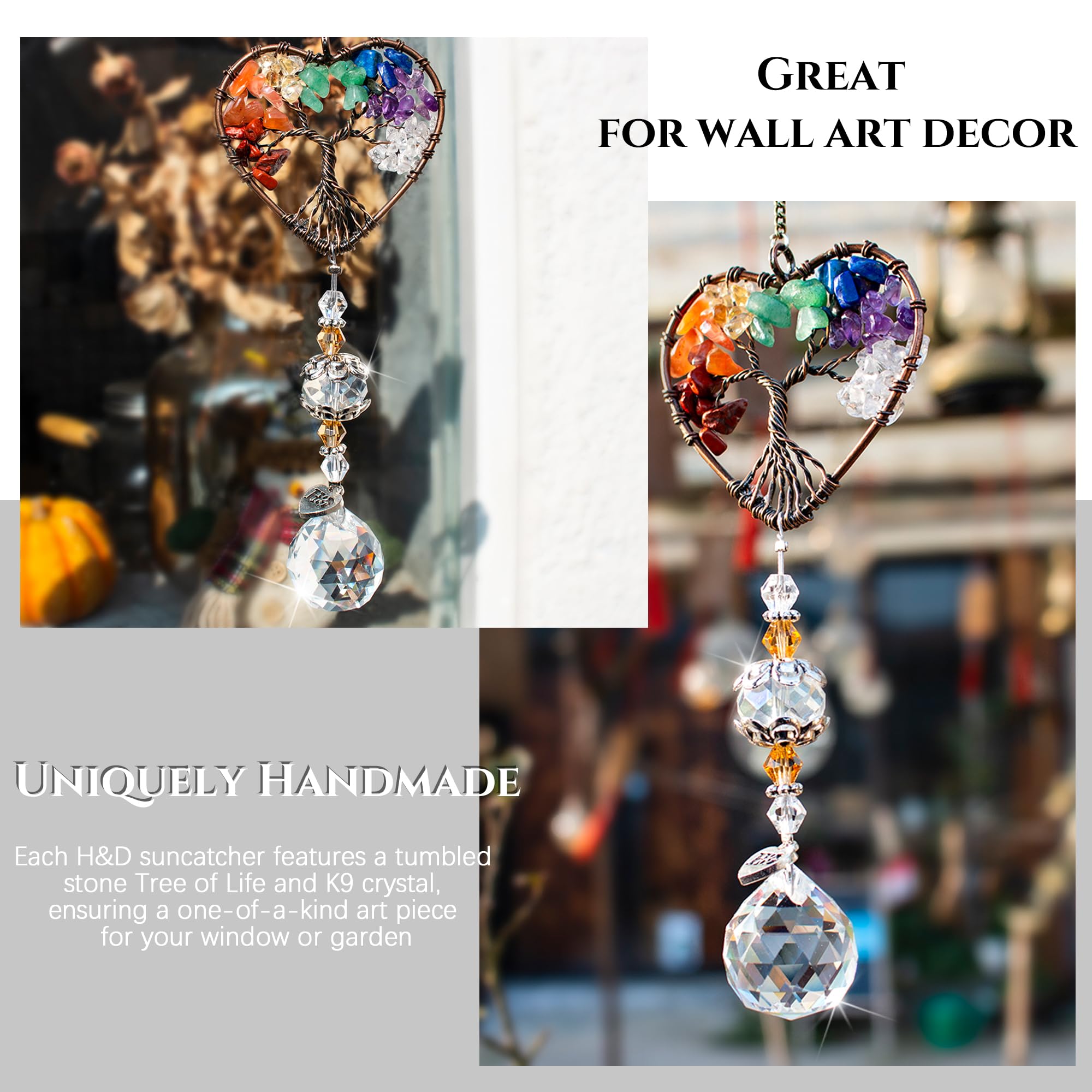 H&D Tree of Life Heart Crystal Ball Suncatcher with sunlight