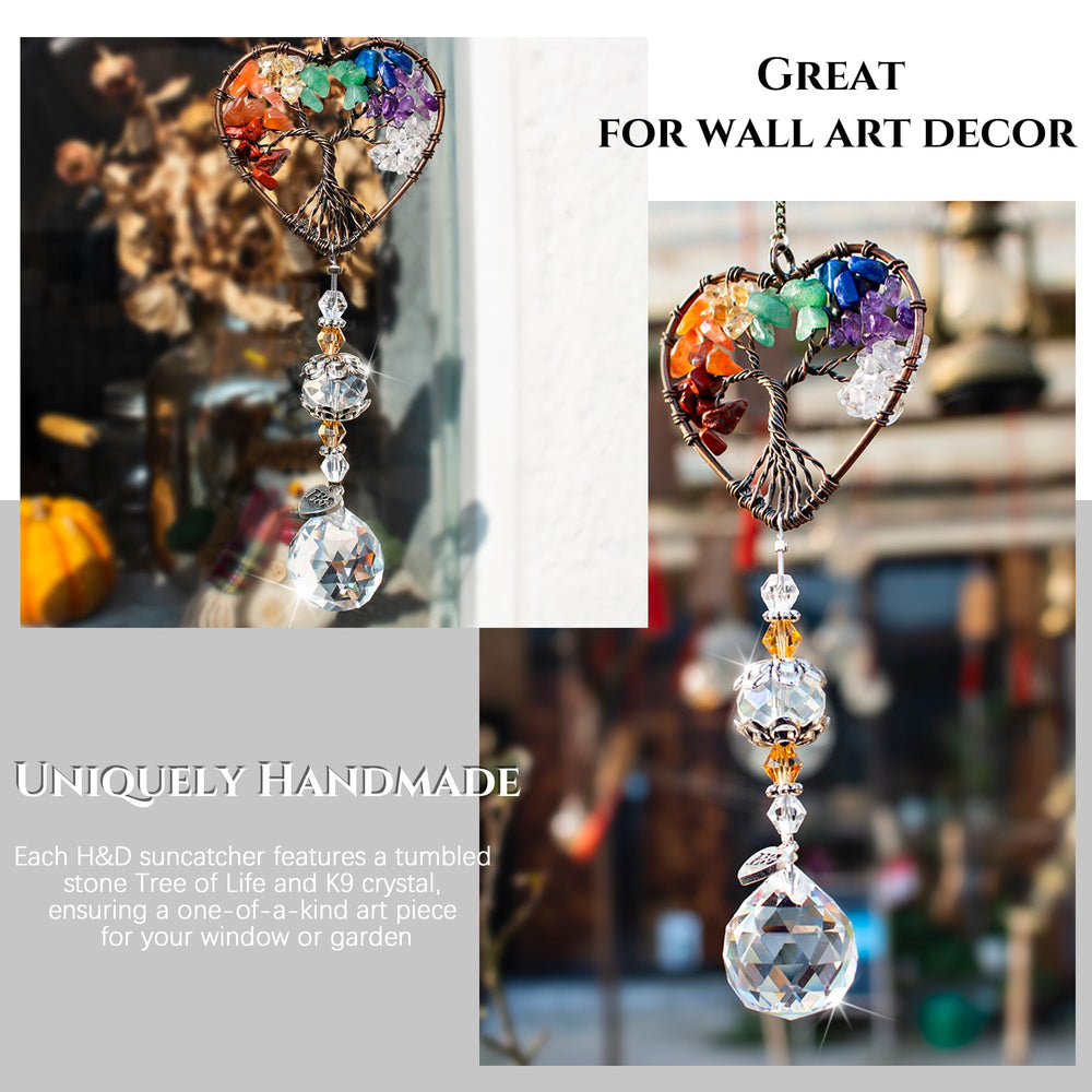H&D Tree of Life Heart Crystal Ball Suncatcher with sunlight