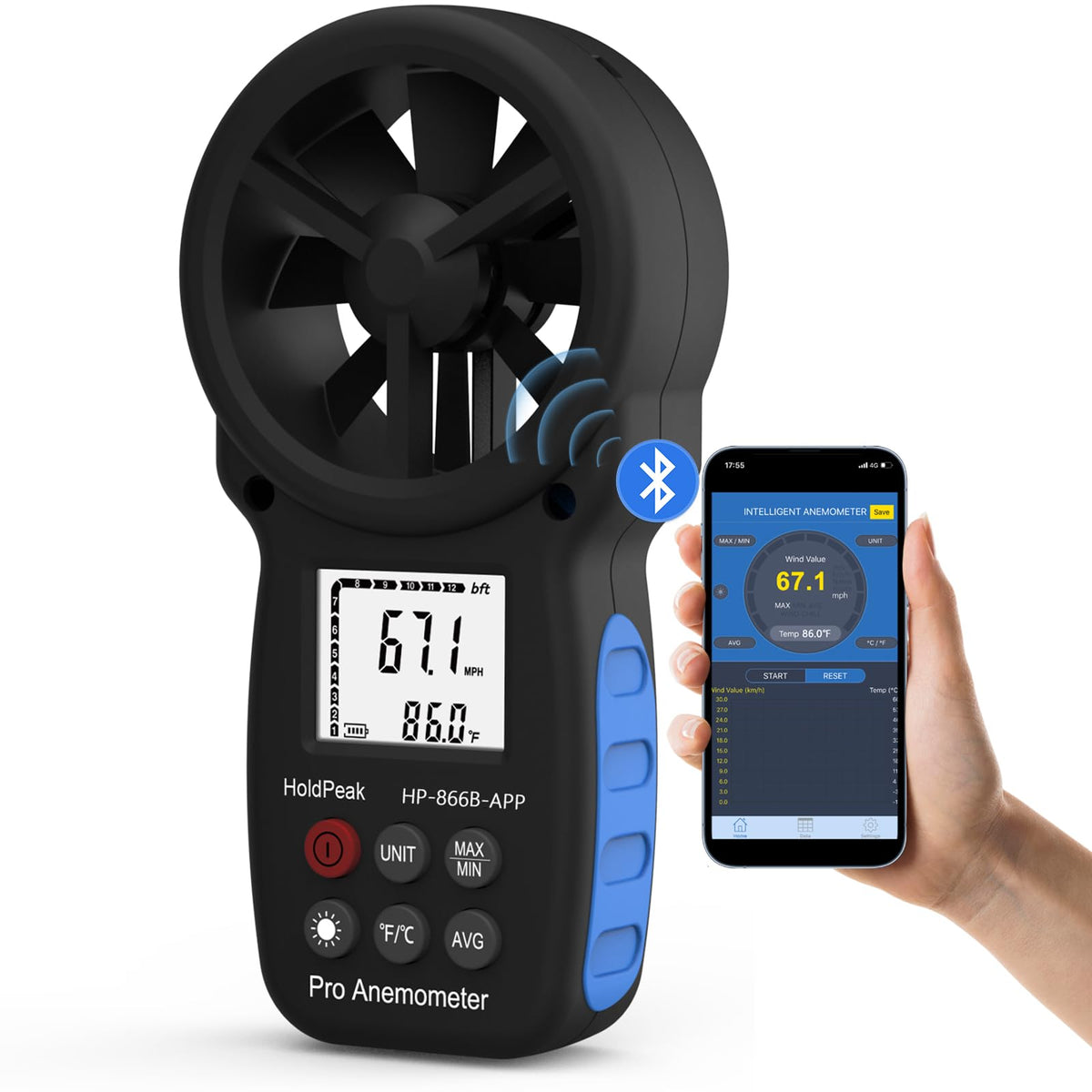 H HOLDPEAK Handheld Anemometer Bluetooth 866B-APP front view