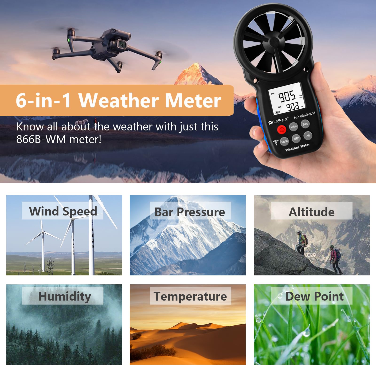 H HOLDPEAK Handheld Anemometer displaying wind speed measurement