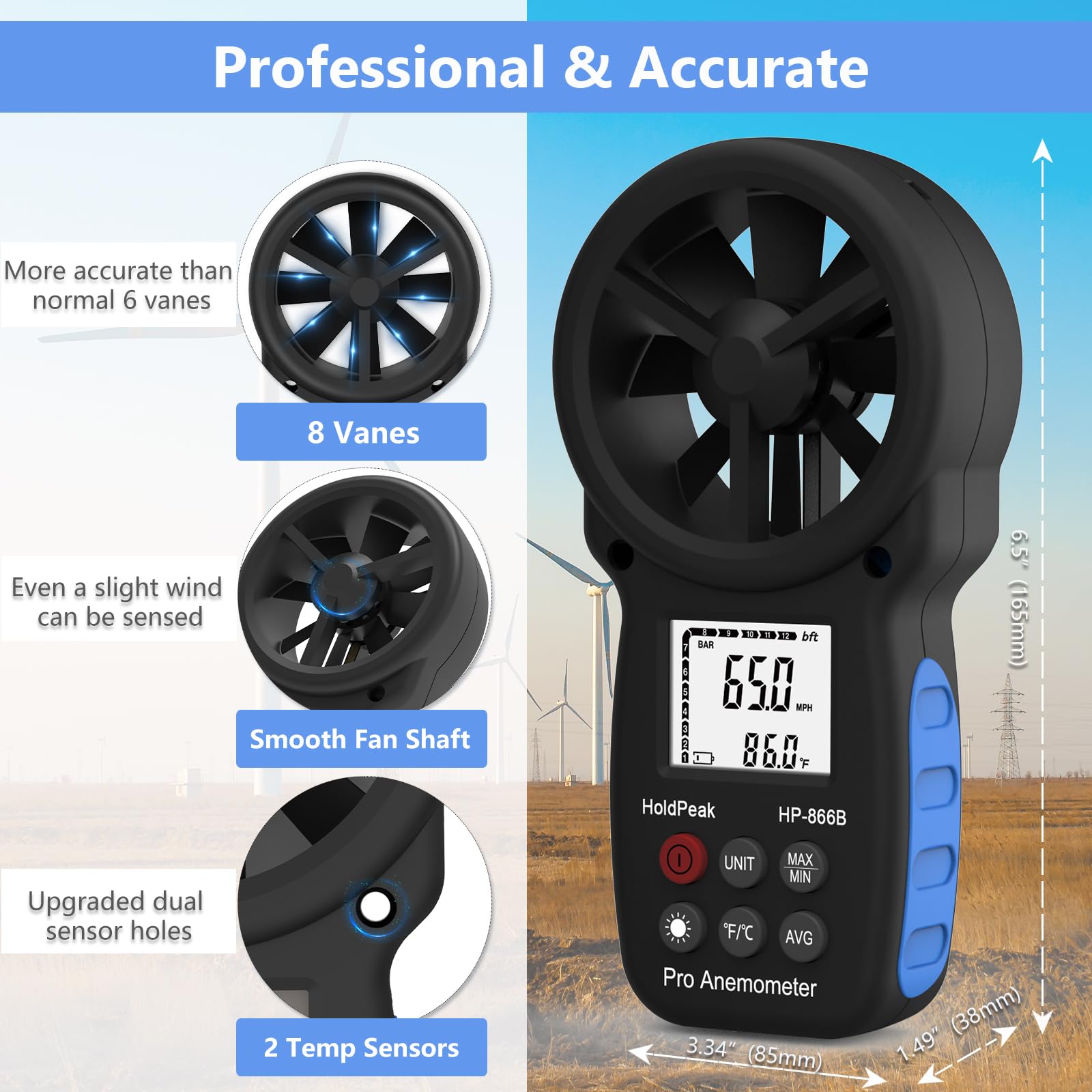 H HOLDPEAK Handheld Anemometer in protective case