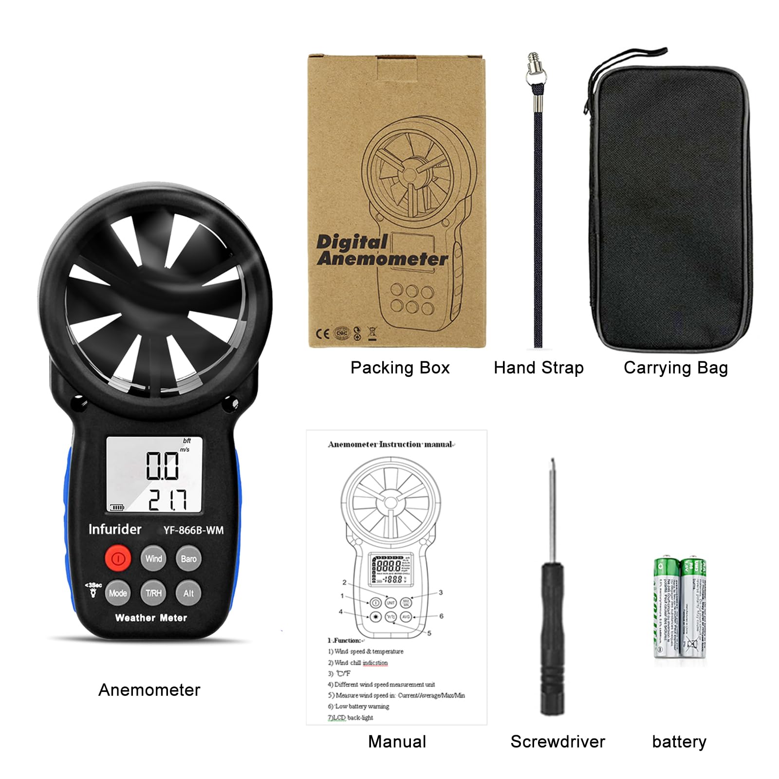 H HOLDPEAK Handheld Anemometer showing altitude measurement display
