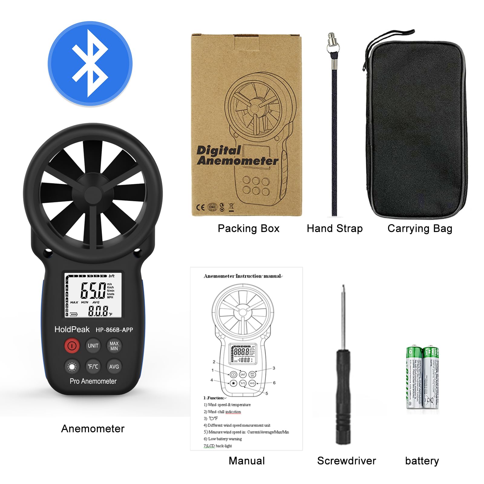 H HOLDPEAK Handheld Anemometer with lanyard