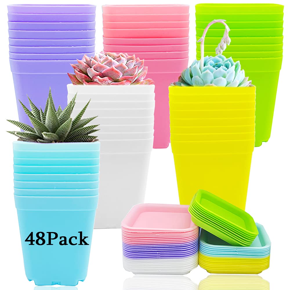 Haawooky 48 PCS colorful plastic plant pots with saucers in various colours