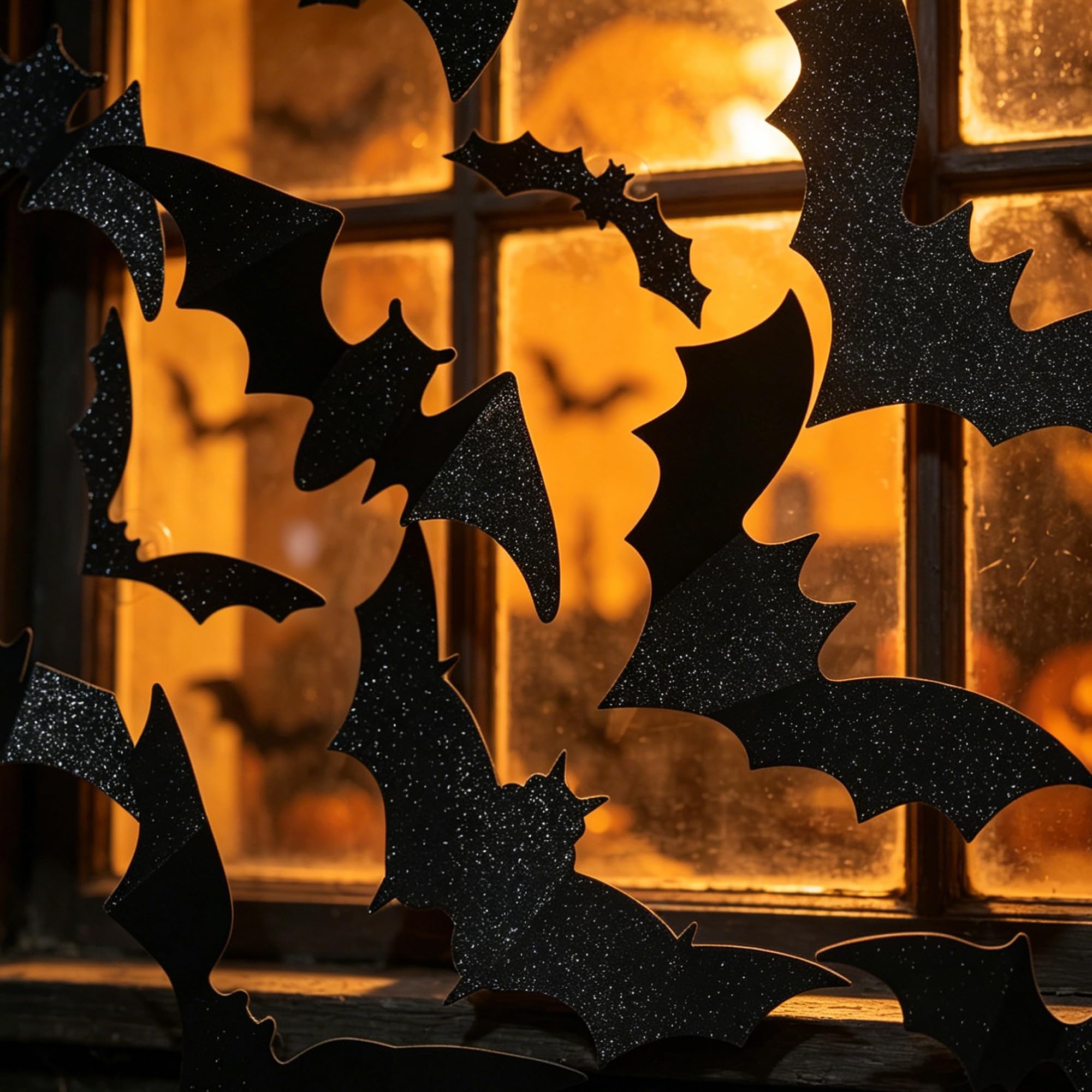 Halloween decoration scene featuring bat stickers and glowing LED lights