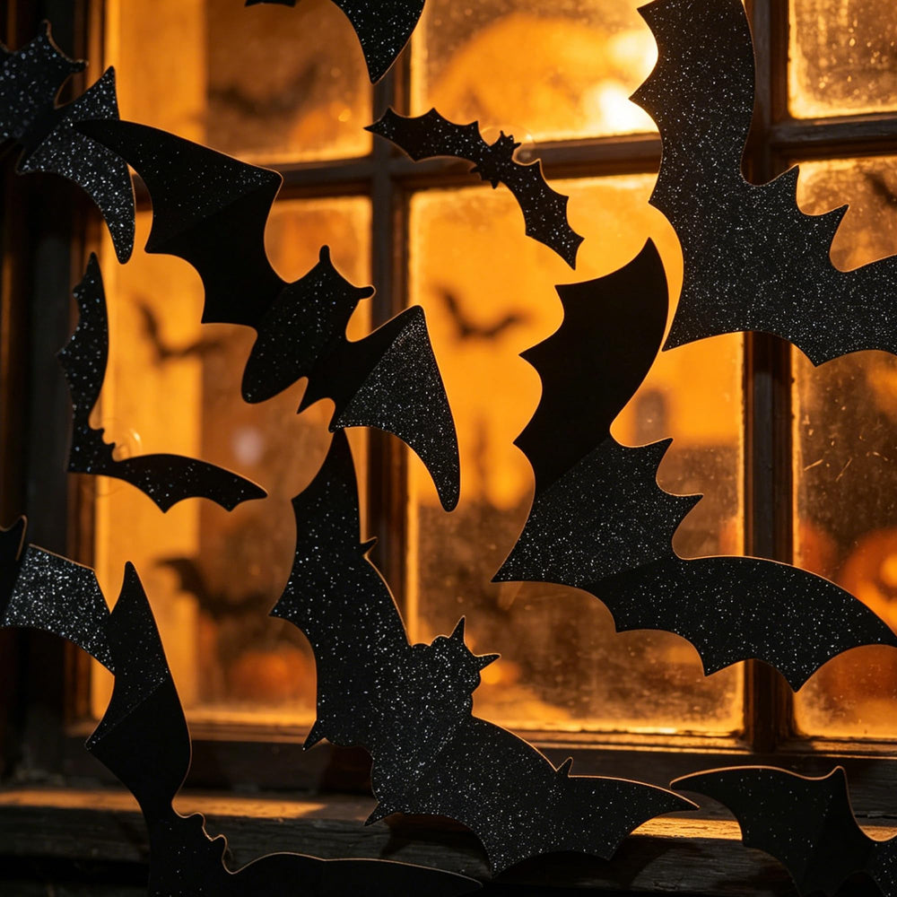 Halloween decoration scene featuring bat stickers and glowing LED lights
