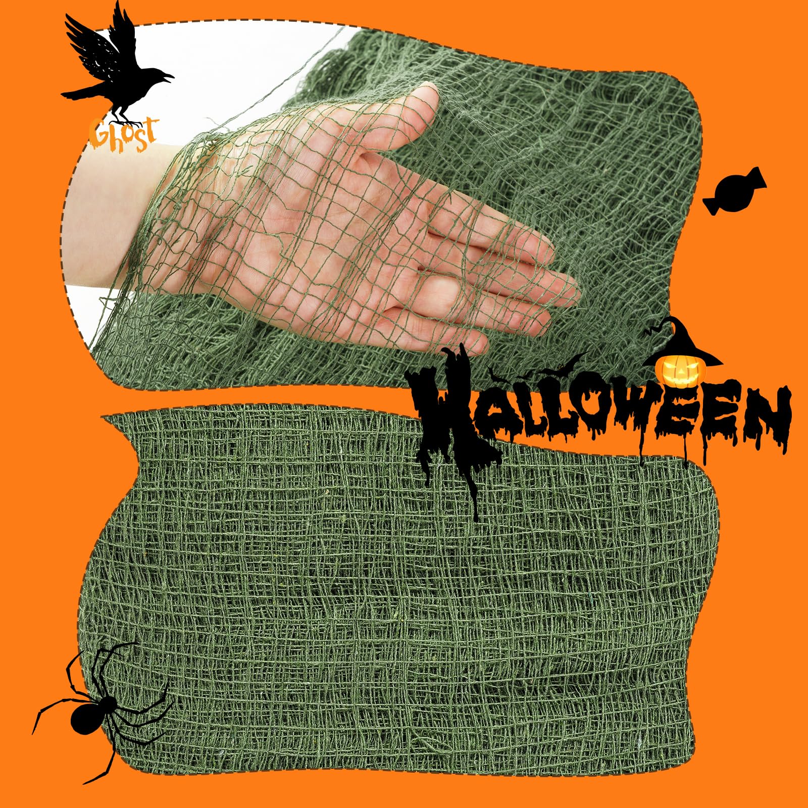 Halloween decoration using green creepy cloth draped over furniture