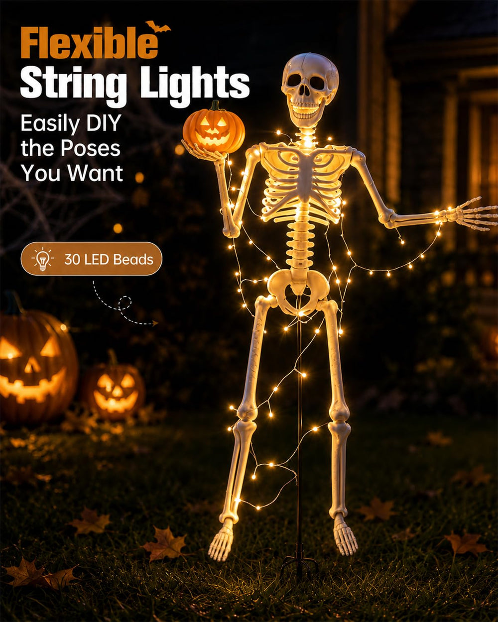 Halloween decorations with lights wrapped around the skeleton