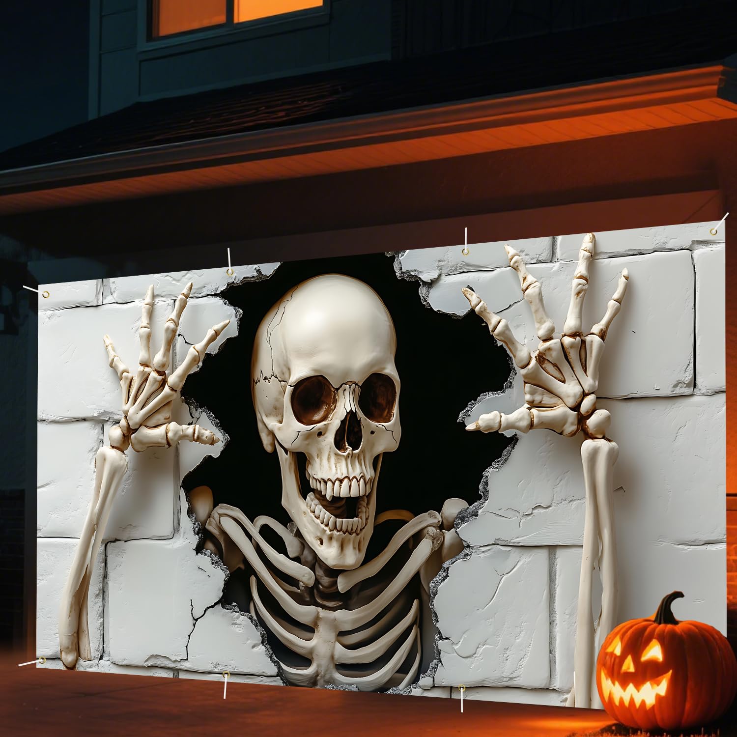 Halloween garage door decoration displayed on a garage