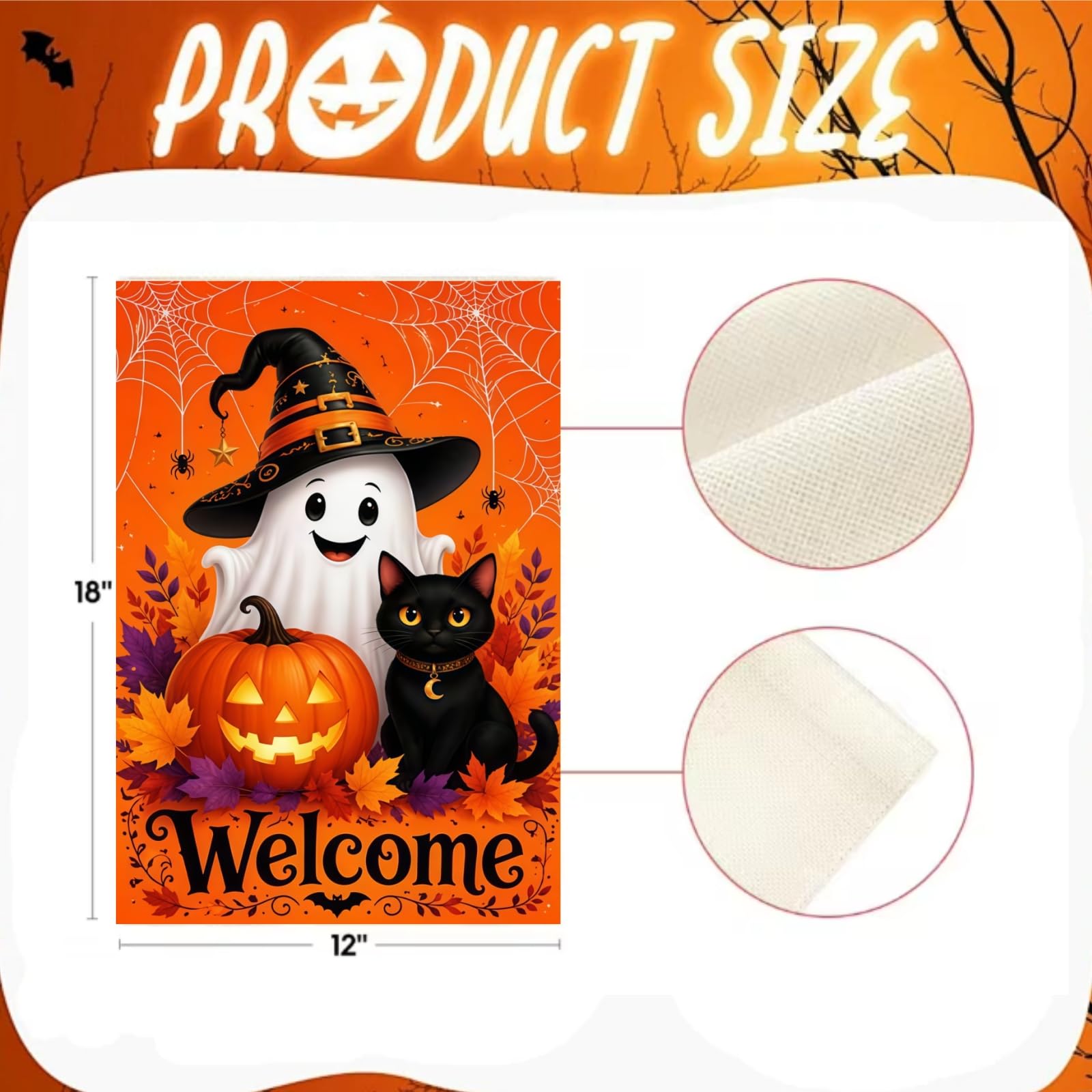 Halloween Garden Flag showing welcome lettering and cartoon designs