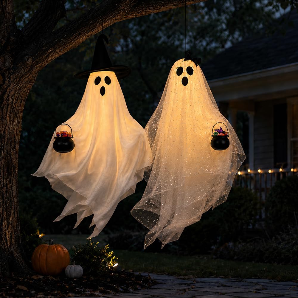 Halloween ghosts displayed on a porch