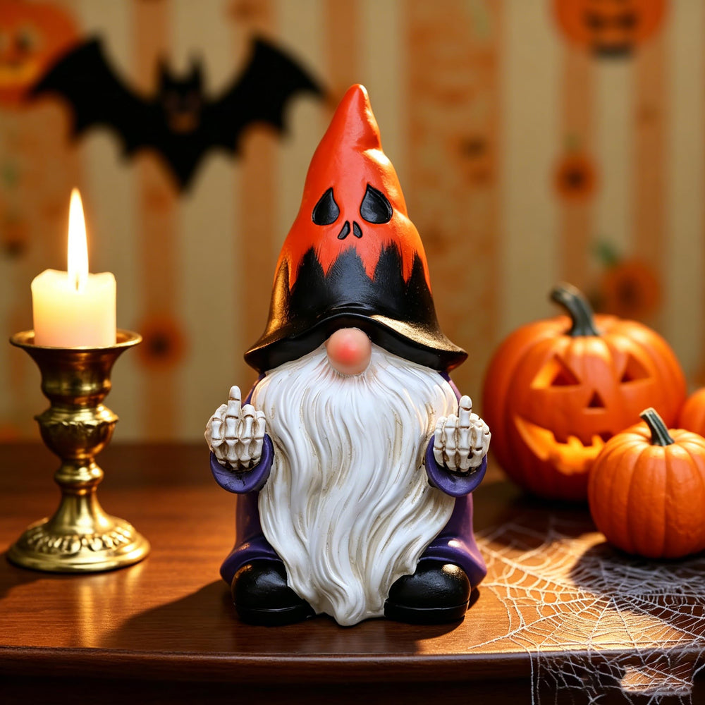 Halloween gnome displayed on a fireplace mantel