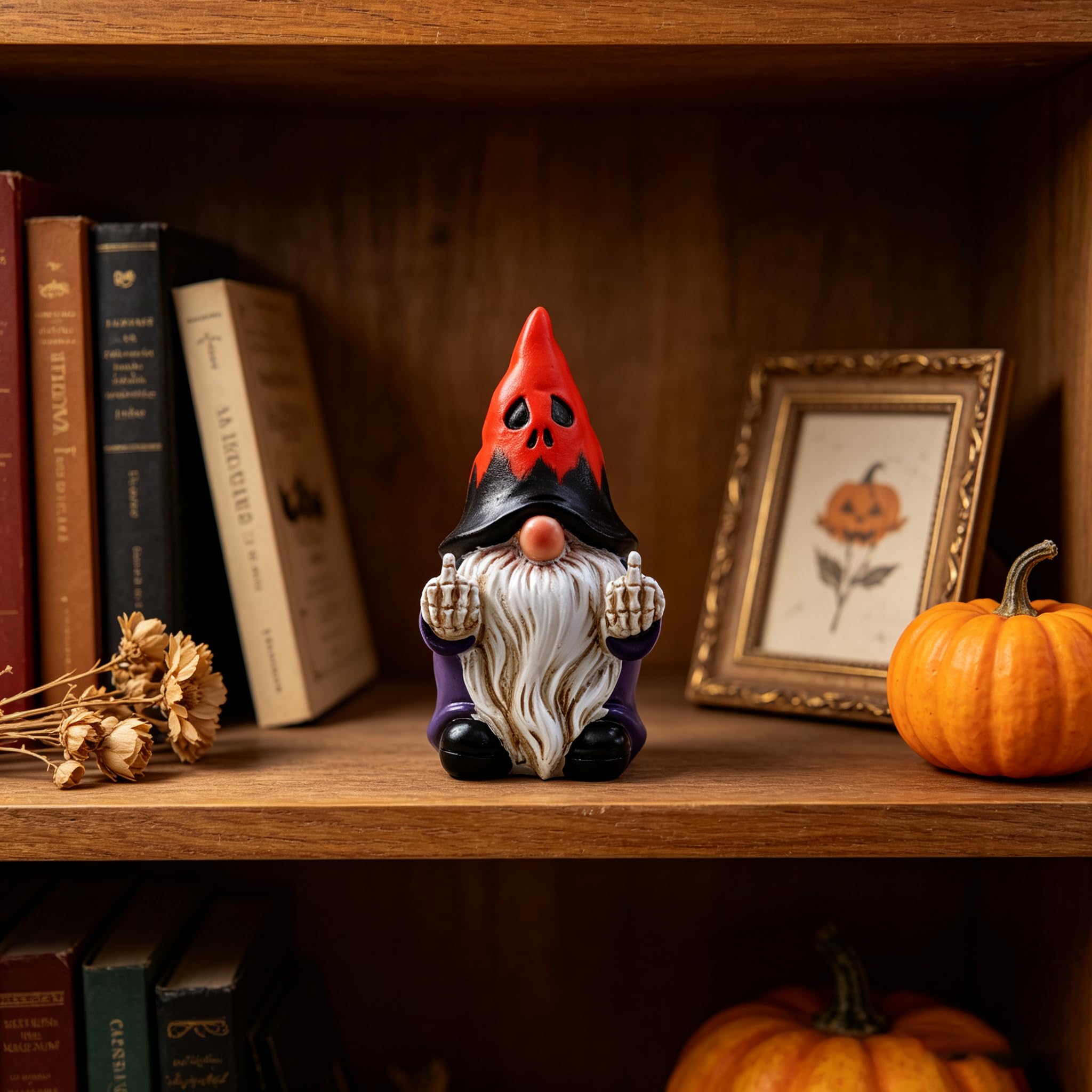 Halloween gnome statue on a patio table