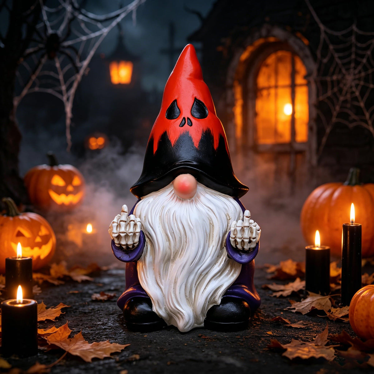 Halloween Middle Finger Gnome Statue with ghost-face hat and skeleton hands