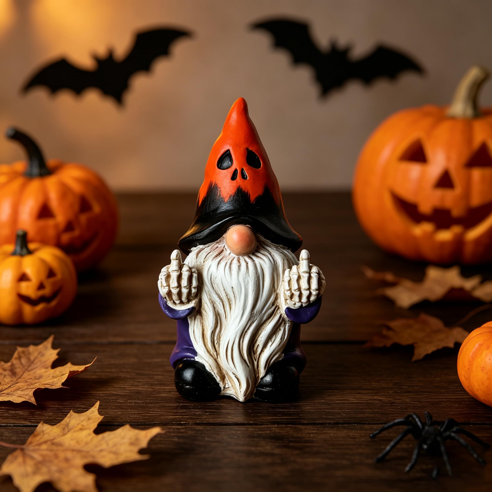 Halloween Middle Finger Gnome Statue with skeleton hands and ghost face hat