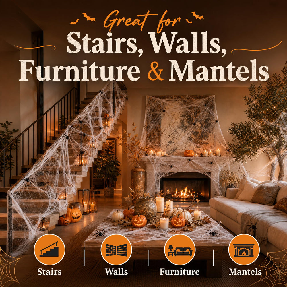 Halloween party scene featuring Land Guard spider web decorations